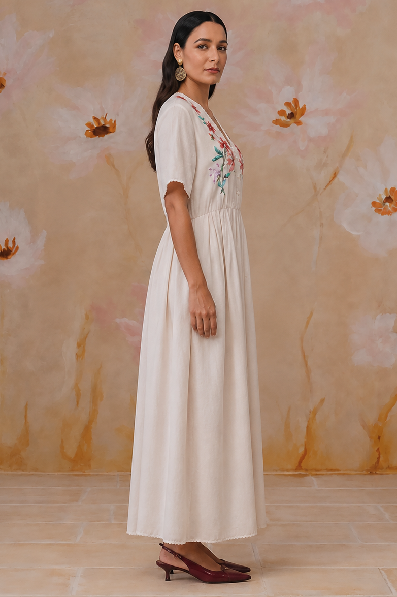 Ivory Floral Cross-Stitch Embroidered Maxi Dress