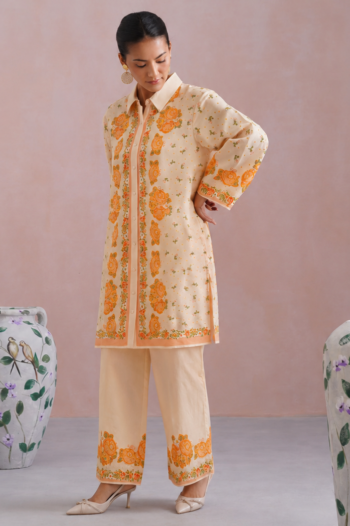 Cream & Orange Floral Printed Kurta Set