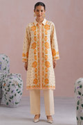 Cream & Orange Floral Printed Kurta Set