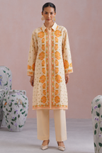 Cream & Orange Floral Printed Kurta Set