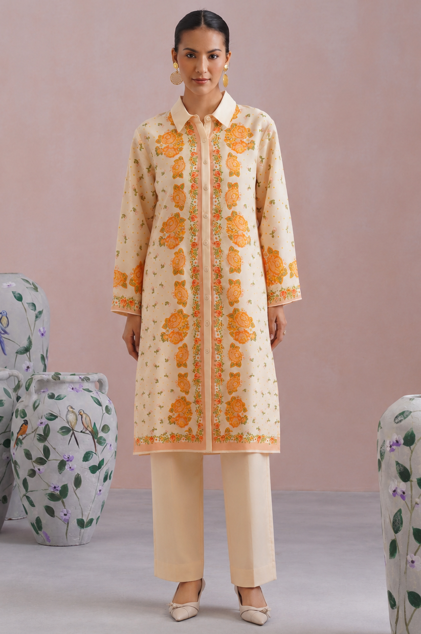 Cream & Orange Floral Printed Kurta Set