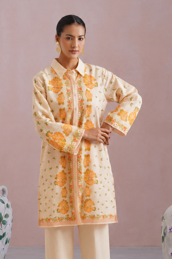 Cream & Orange Floral Printed Kurta Set