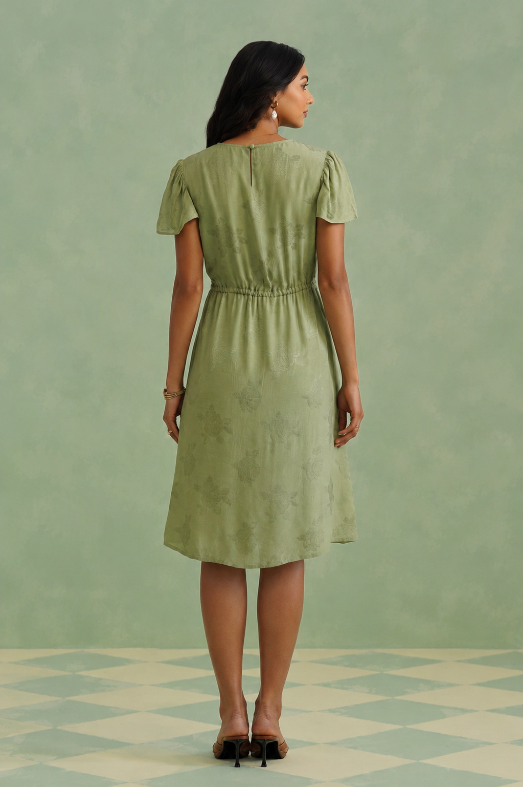 Pistachio Green Floral Jacquard Midi Dress