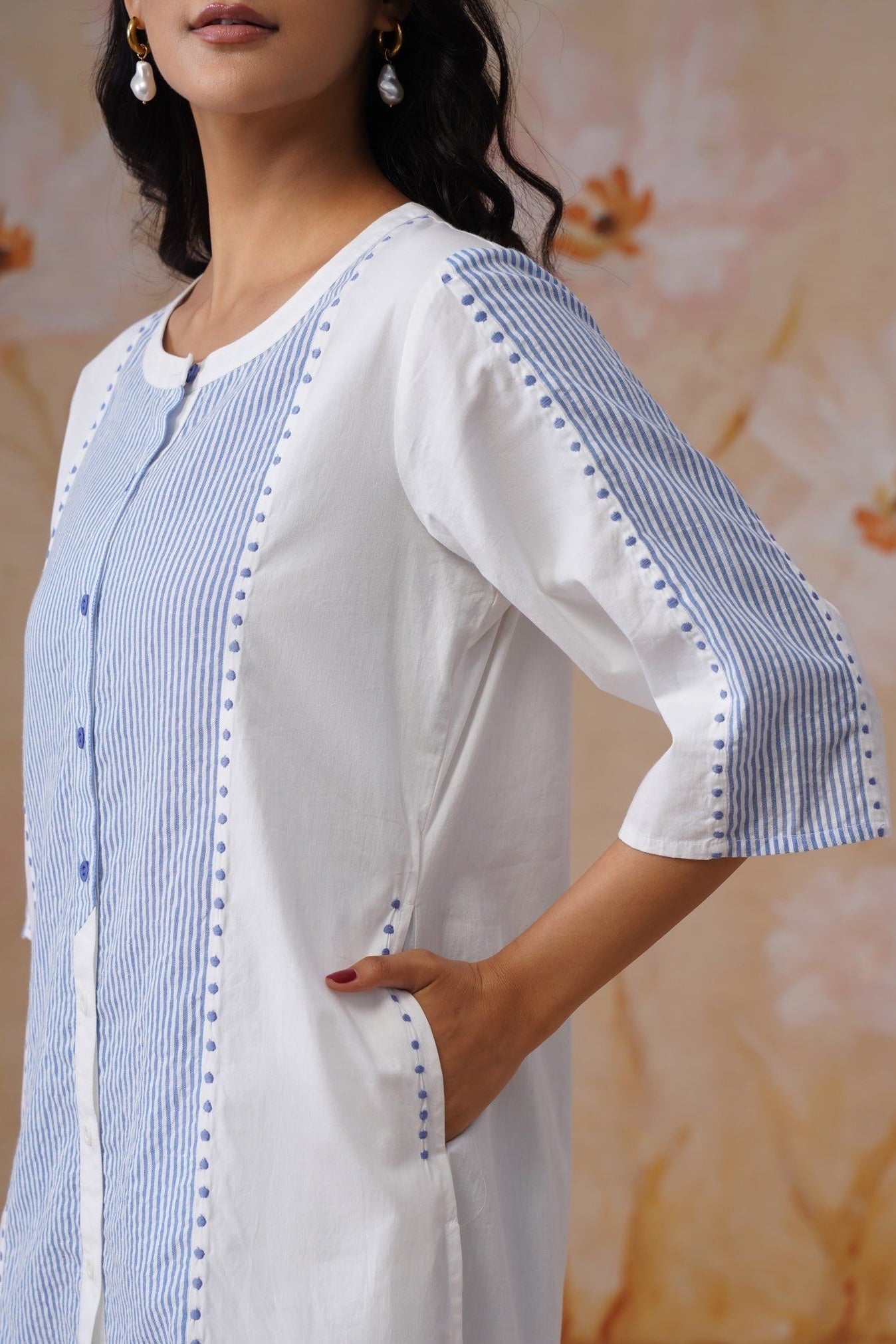 Azure Paneled Cotton Top Korah Stitch