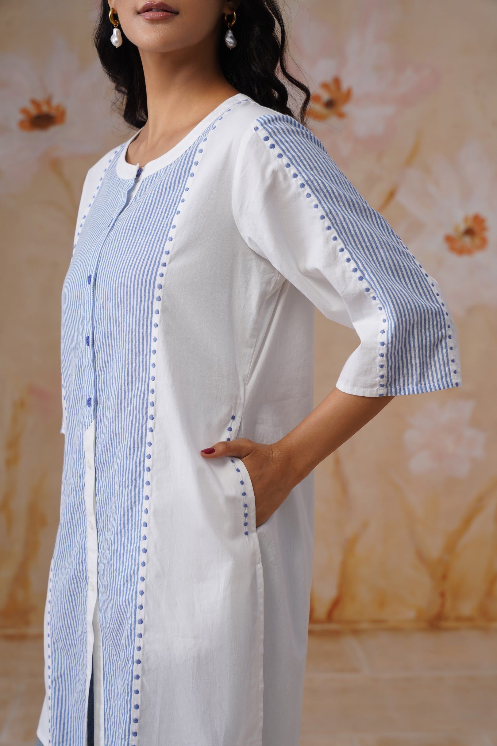 Azure Paneled Cotton Top Korah Stitch