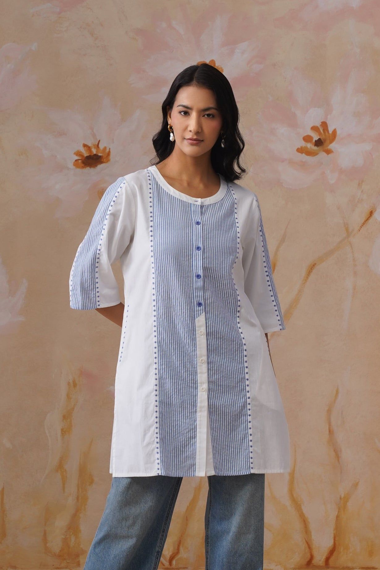 Azure Paneled Cotton Top Korah Stitch