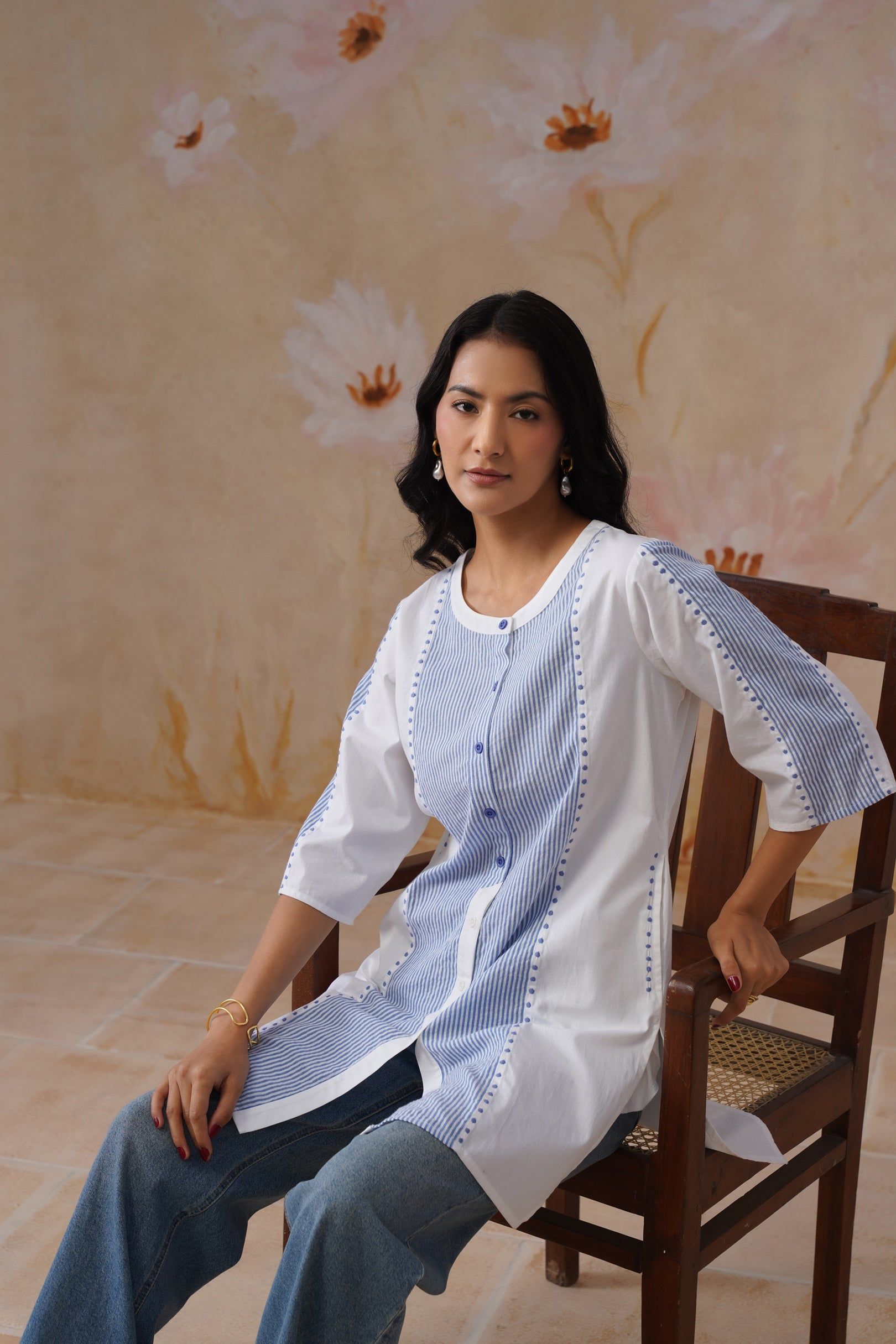 Azure Paneled Cotton Top Korah Stitch
