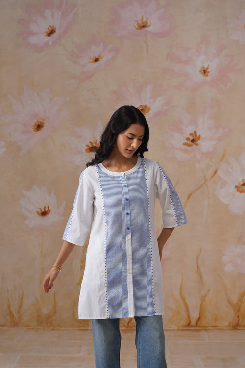 Azure Paneled Cotton Top Korah Stitch