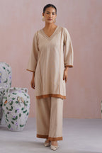 Beige Linen Blend Kurta Set with Pintucks Detailing Korah Stitch