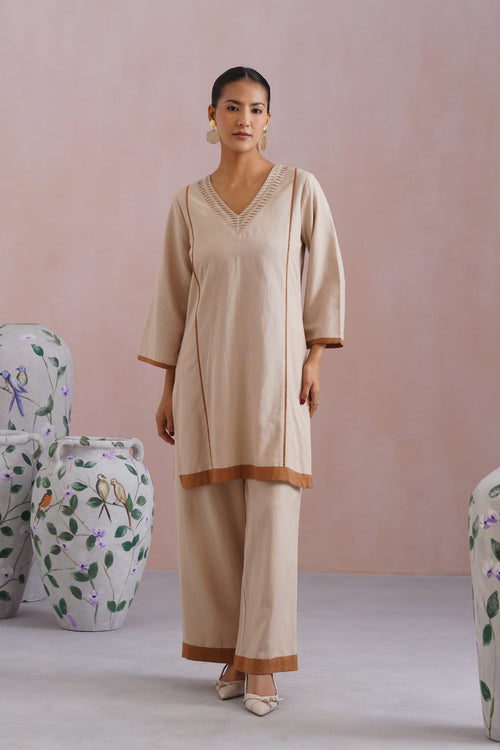 Beige Linen Blend Kurta Set with Pintucks Detailing Korah Stitch