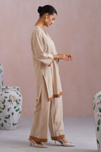 Beige Linen Blend Kurta Set with Pintucks Detailing Korah Stitch