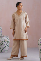 Beige Linen Blend Kurta Set with Pintucks Detailing Korah Stitch