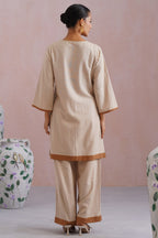 Beige Linen Blend Kurta Set with Pintucks Detailing Korah Stitch