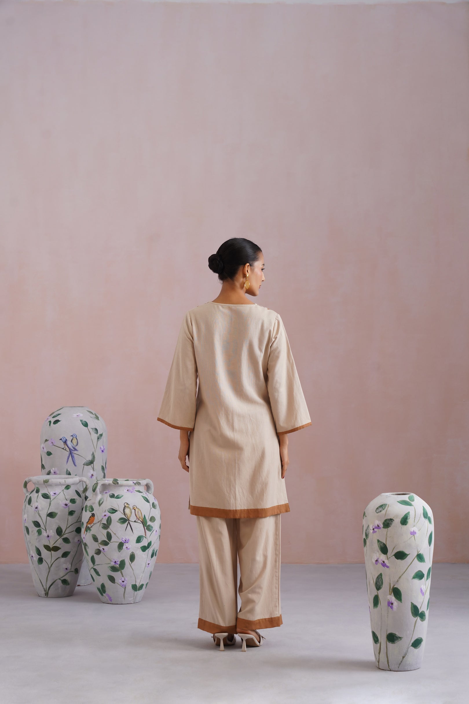 Beige Linen Blend Kurta Set with Pintucks Detailing Korah Stitch