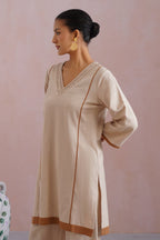 Beige Linen Blend Kurta Set with Pintucks Detailing Korah Stitch