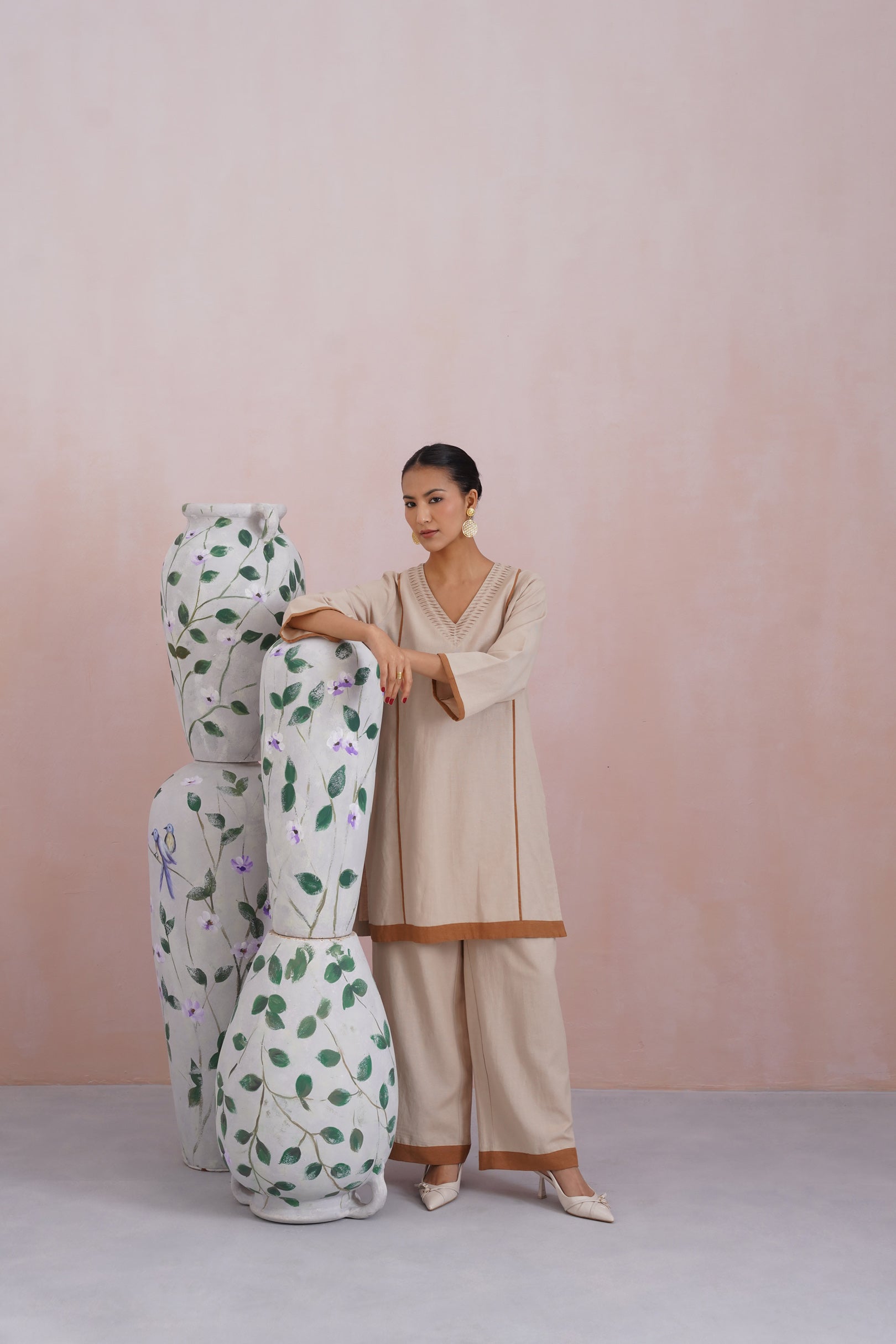 Beige Linen Blend Kurta Set with Pintucks Detailing Korah Stitch