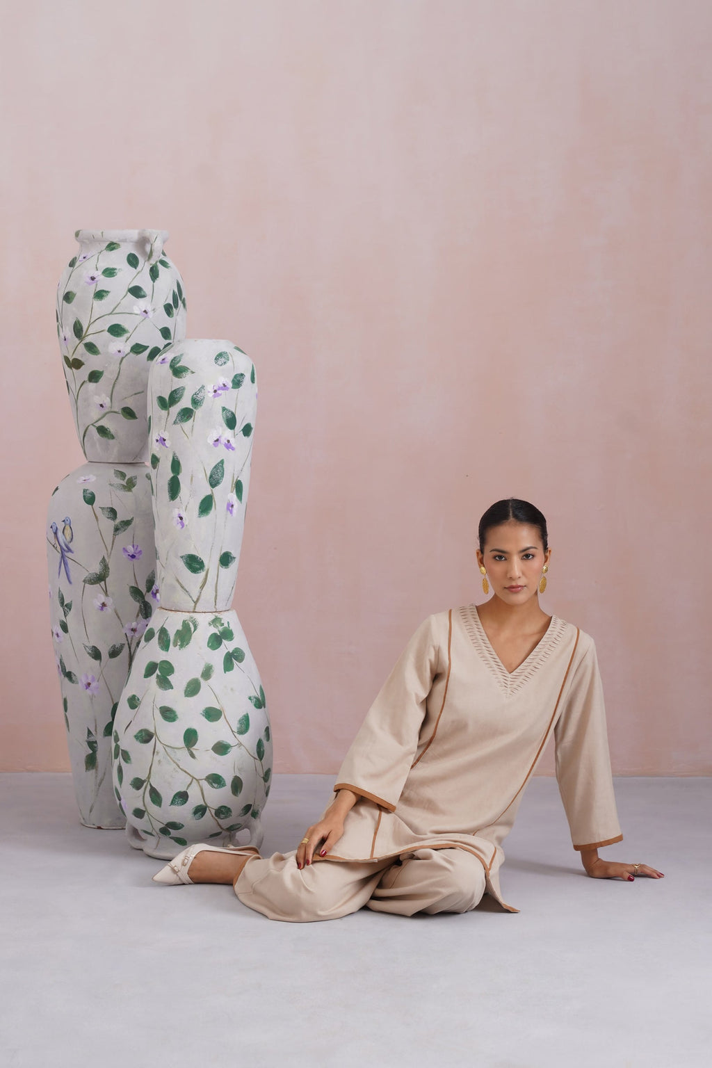 Beige Linen Blend Kurta Set with Pintucks Detailing Korah Stitch