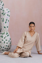 Beige Linen Blend Kurta Set with Pintucks Detailing Korah Stitch
