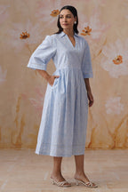 Blue and White Floral Printed Flared Midi Dress Korah Stitch