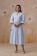 Blue and White Floral Printed Flared Midi Dress Korah Stitch