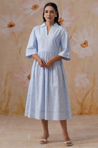 Blue and White Floral Printed Flared Midi Dress Korah Stitch
