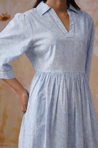 Blue and White Floral Printed Flared Midi Dress Korah Stitch