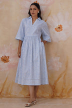Blue and White Floral Printed Flared Midi Dress Korah Stitch