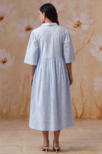 Blue and White Floral Printed Flared Midi Dress Korah Stitch