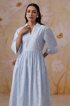 Blue and White Floral Printed Flared Midi Dress Korah Stitch