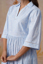 Blue and White Floral Printed Flared Midi Dress Korah Stitch