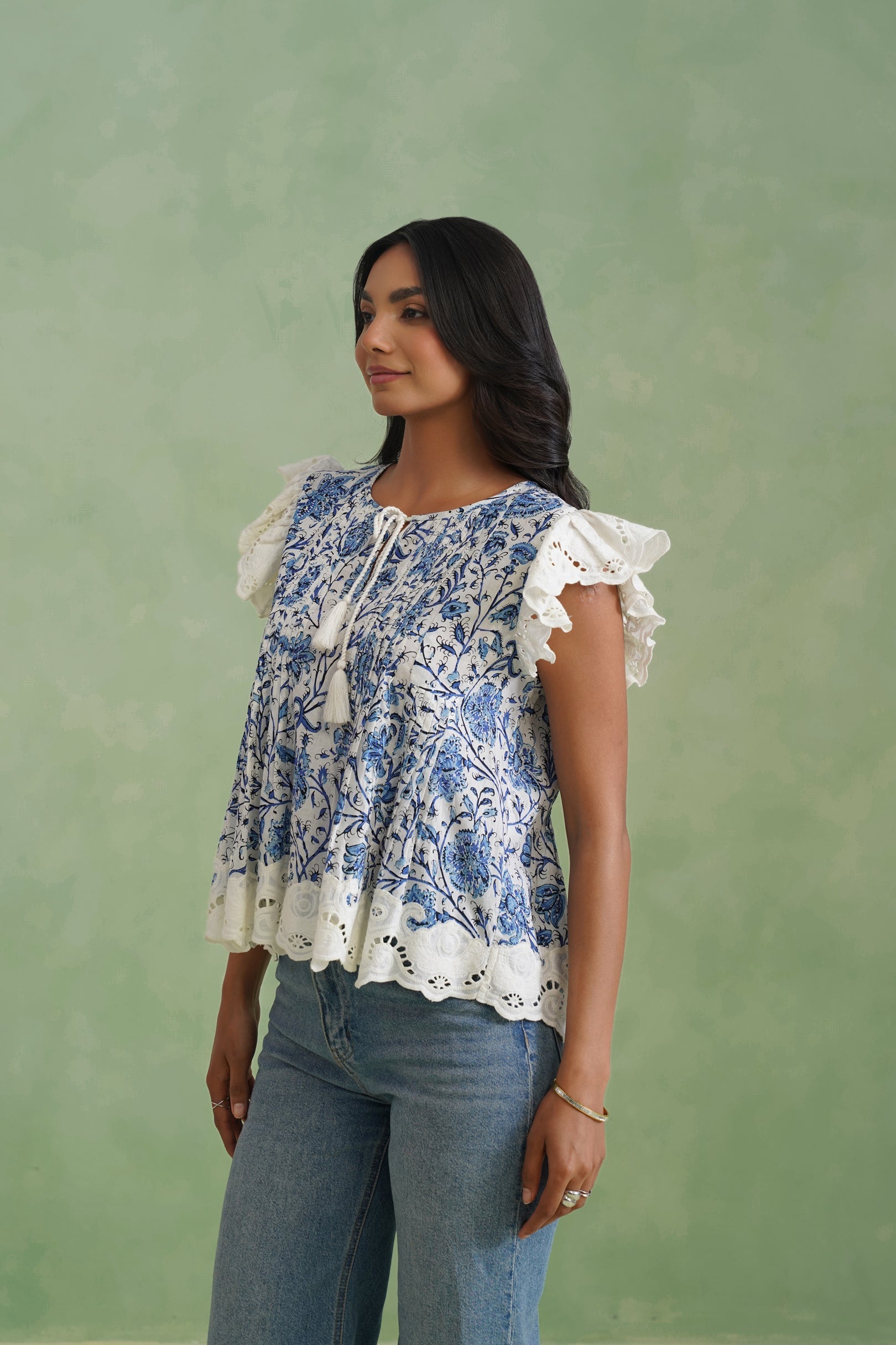 Blue Floral Pintuck Top Korah Stitch