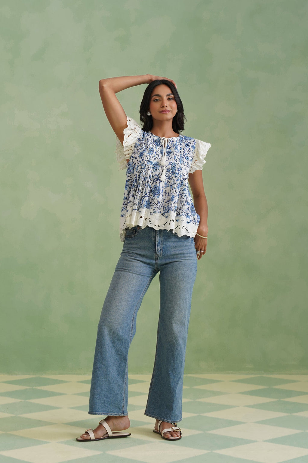 Blue Floral Pintuck Top Korah Stitch