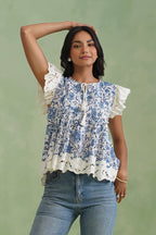 Blue Floral Pintuck Top Korah Stitch
