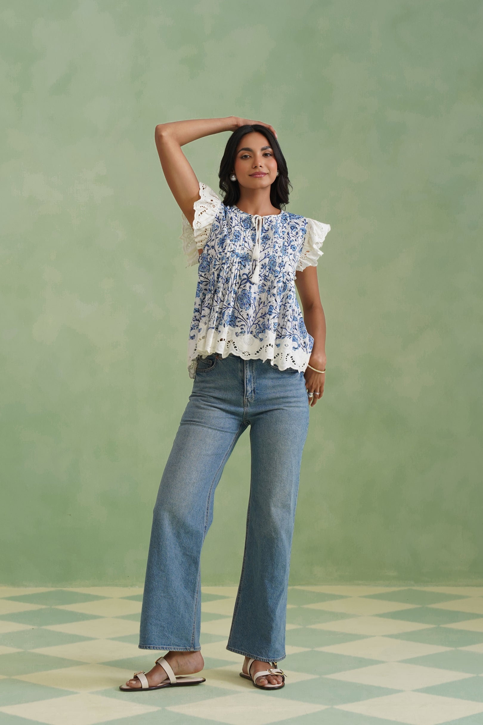 Blue Floral Pintuck Top Korah Stitch