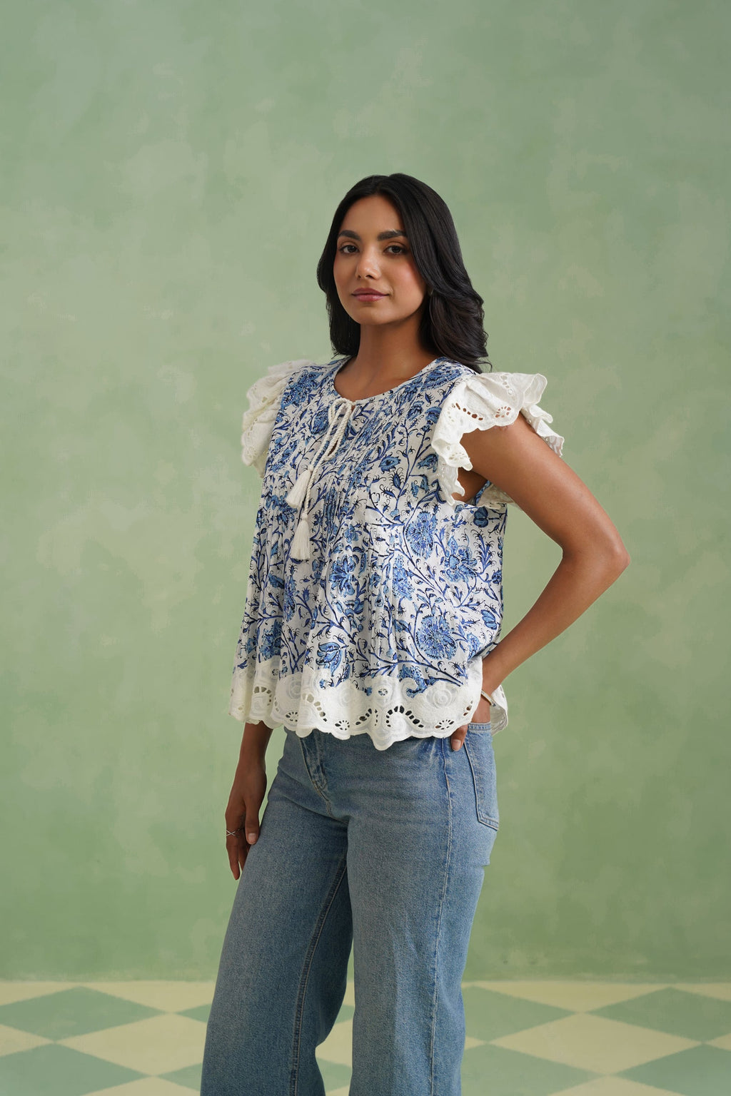 Blue Floral Pintuck Top Korah Stitch