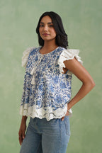Blue Floral Pintuck Top Korah Stitch