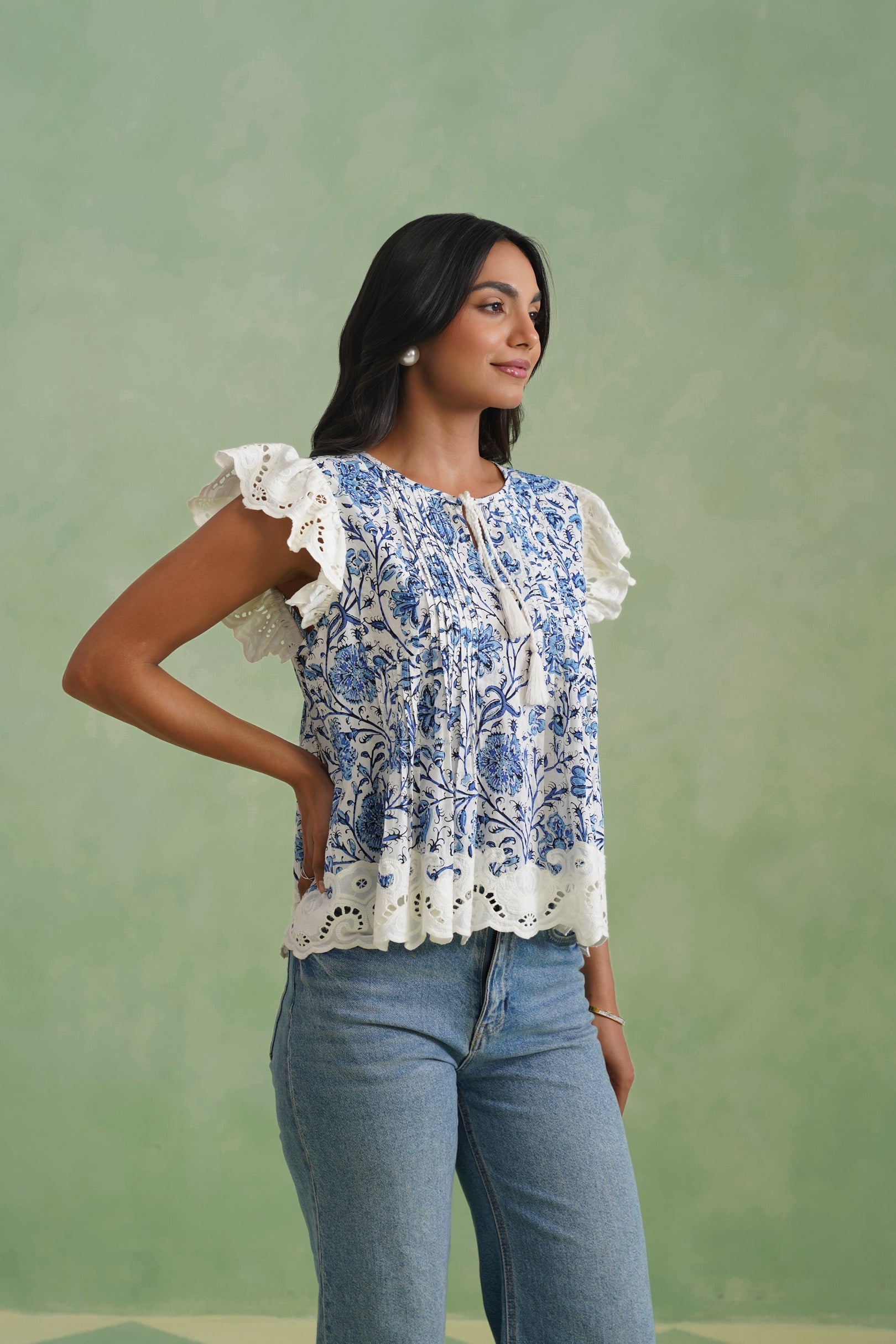 Blue Floral Pintuck Top Korah Stitch