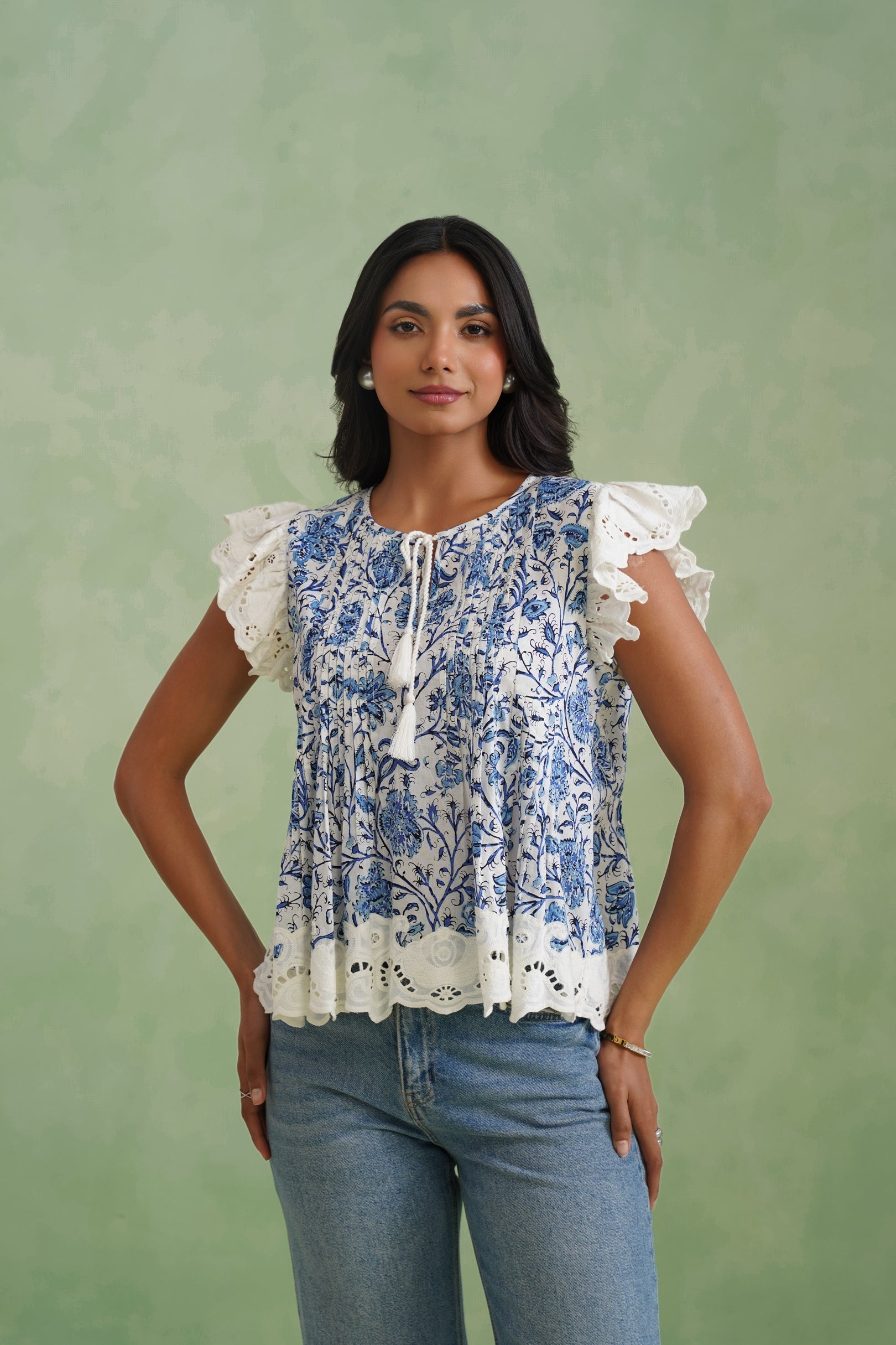 Blue Floral Pintuck Top Korah Stitch
