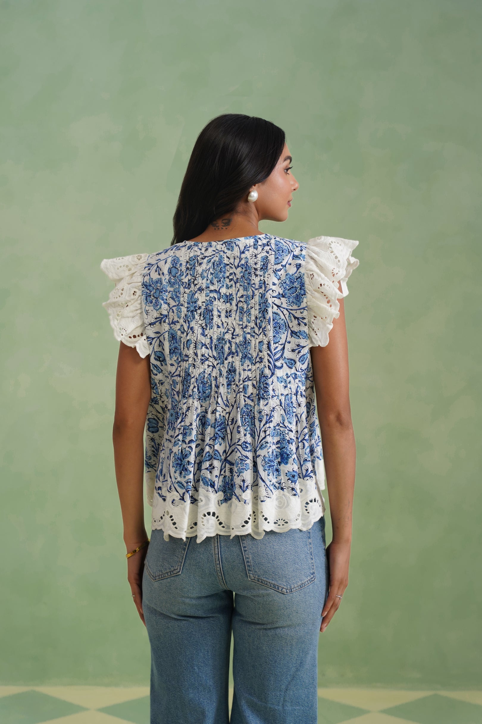 Blue Floral Pintuck Top Korah Stitch