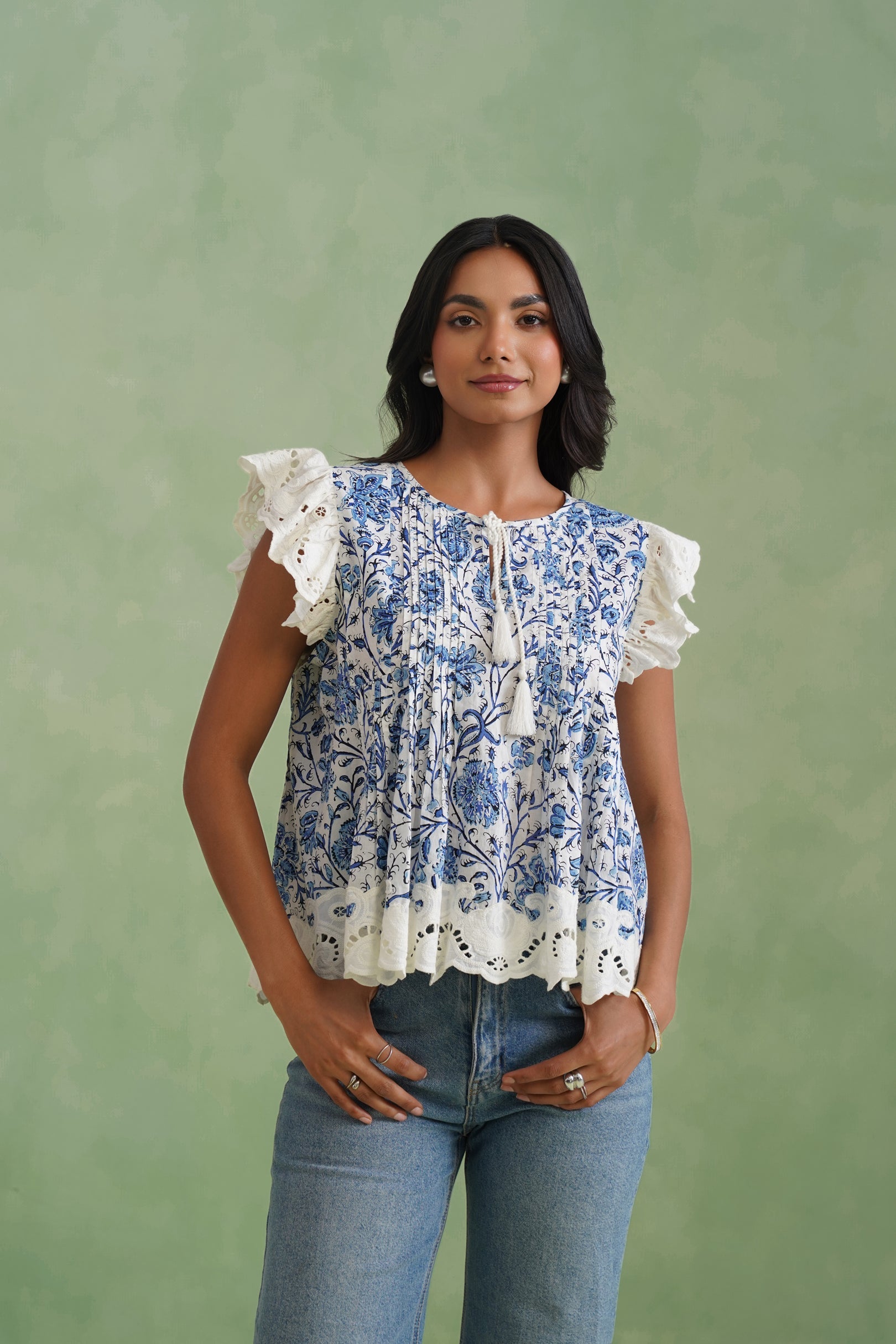 Blue Floral Pintuck Top Korah Stitch