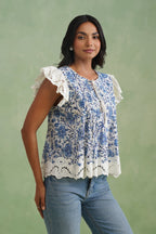 Blue Floral Pintuck Top Korah Stitch