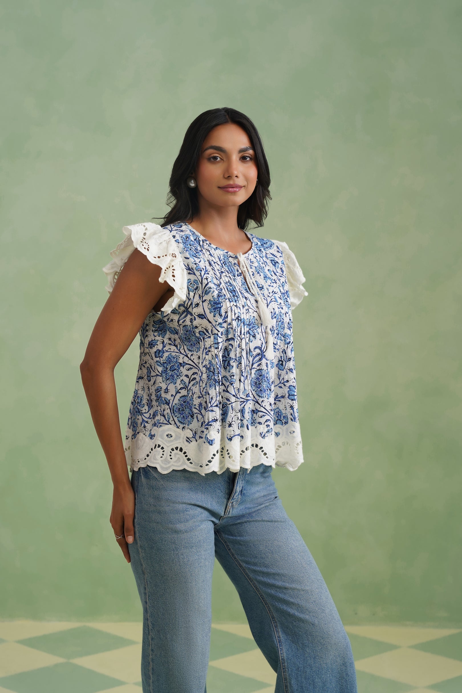 Blue Floral Pintuck Top Korah Stitch