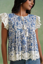 Blue Floral Pintuck Top Korah Stitch