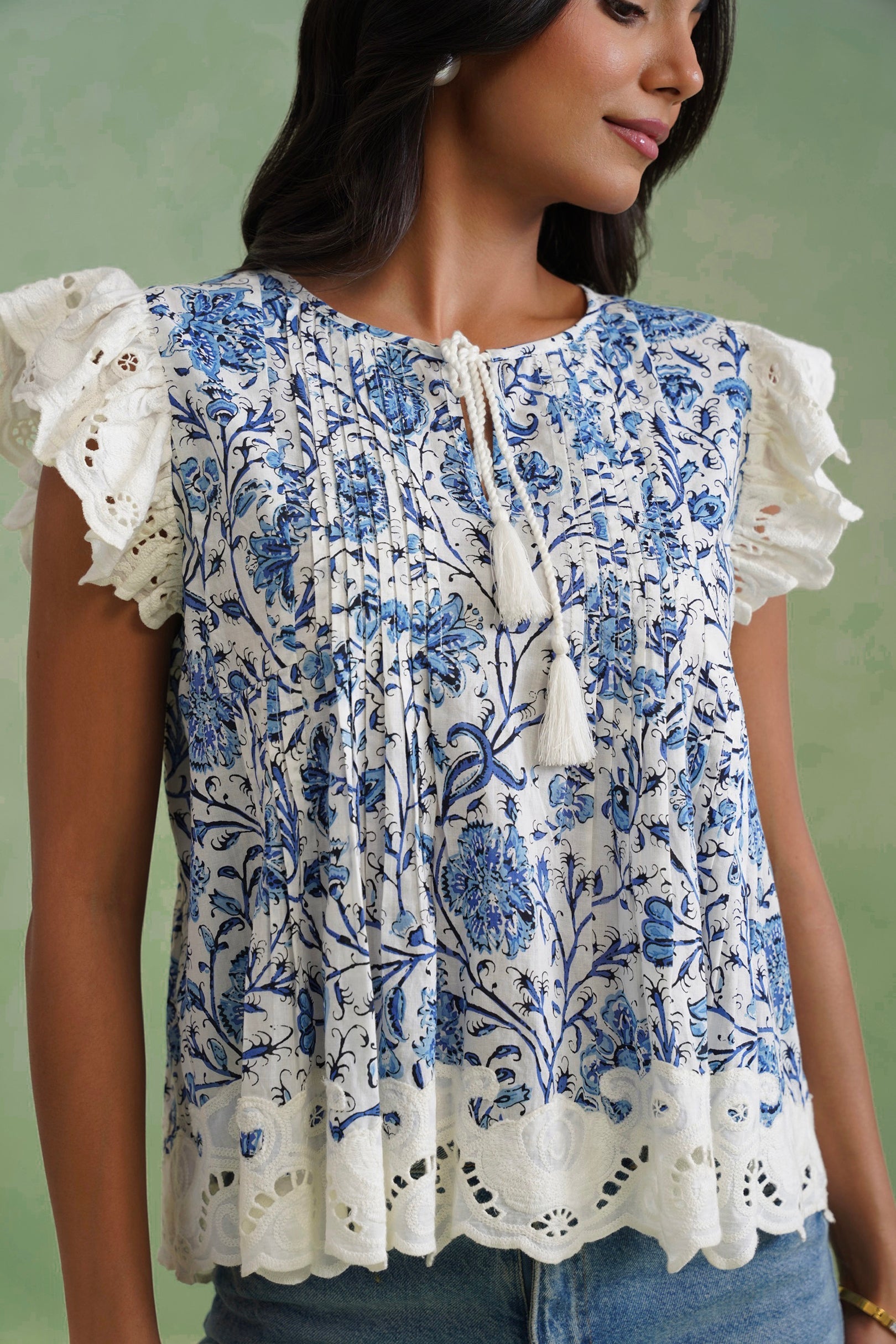 Blue Floral Pintuck Top Korah Stitch