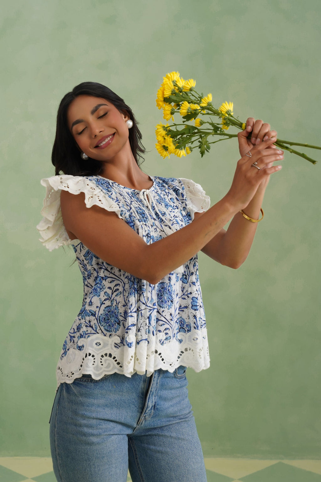 Blue Floral Pintuck Top Korah Stitch