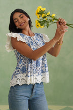 Blue Floral Pintuck Top Korah Stitch