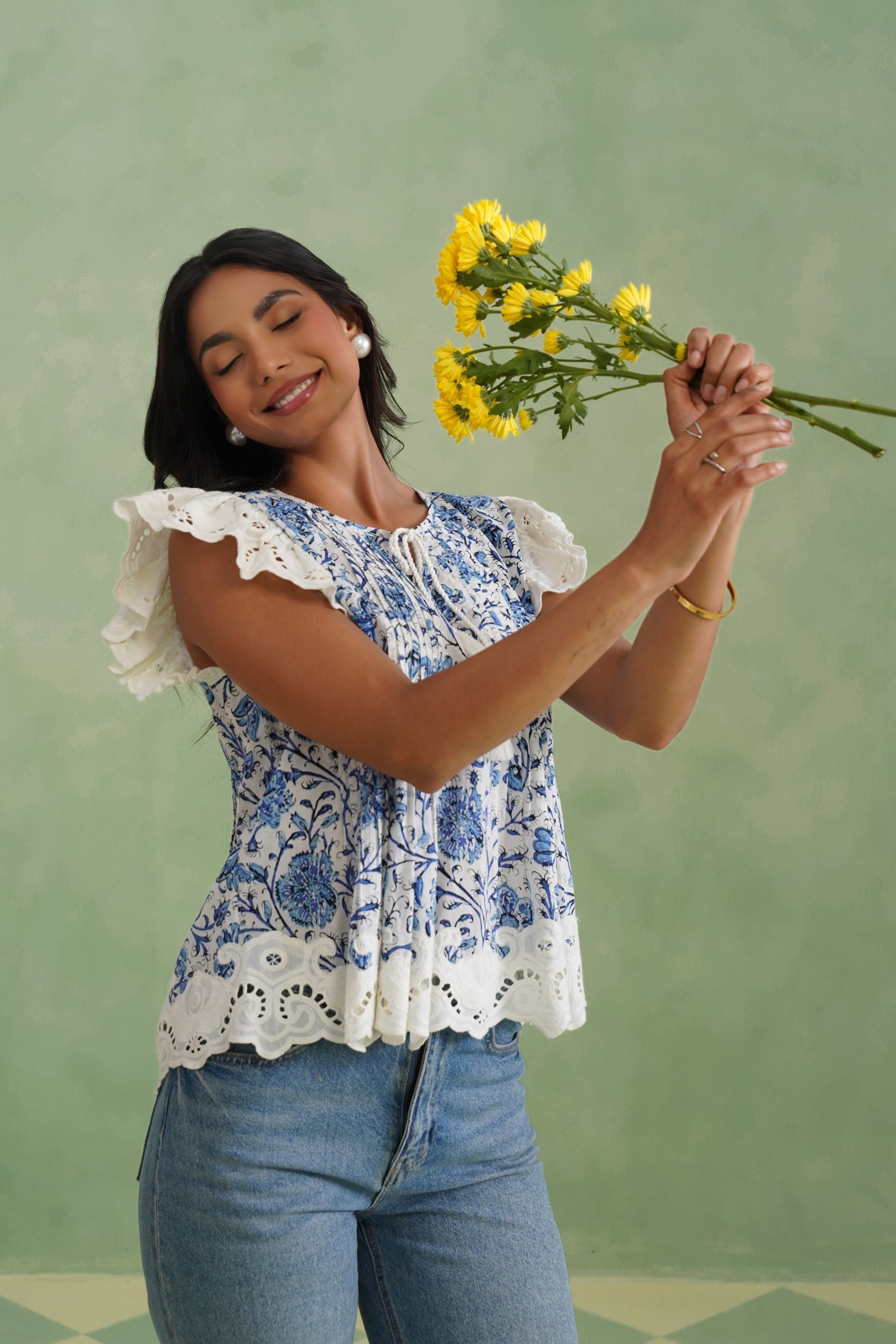 Blue Floral Pintuck Top Korah Stitch