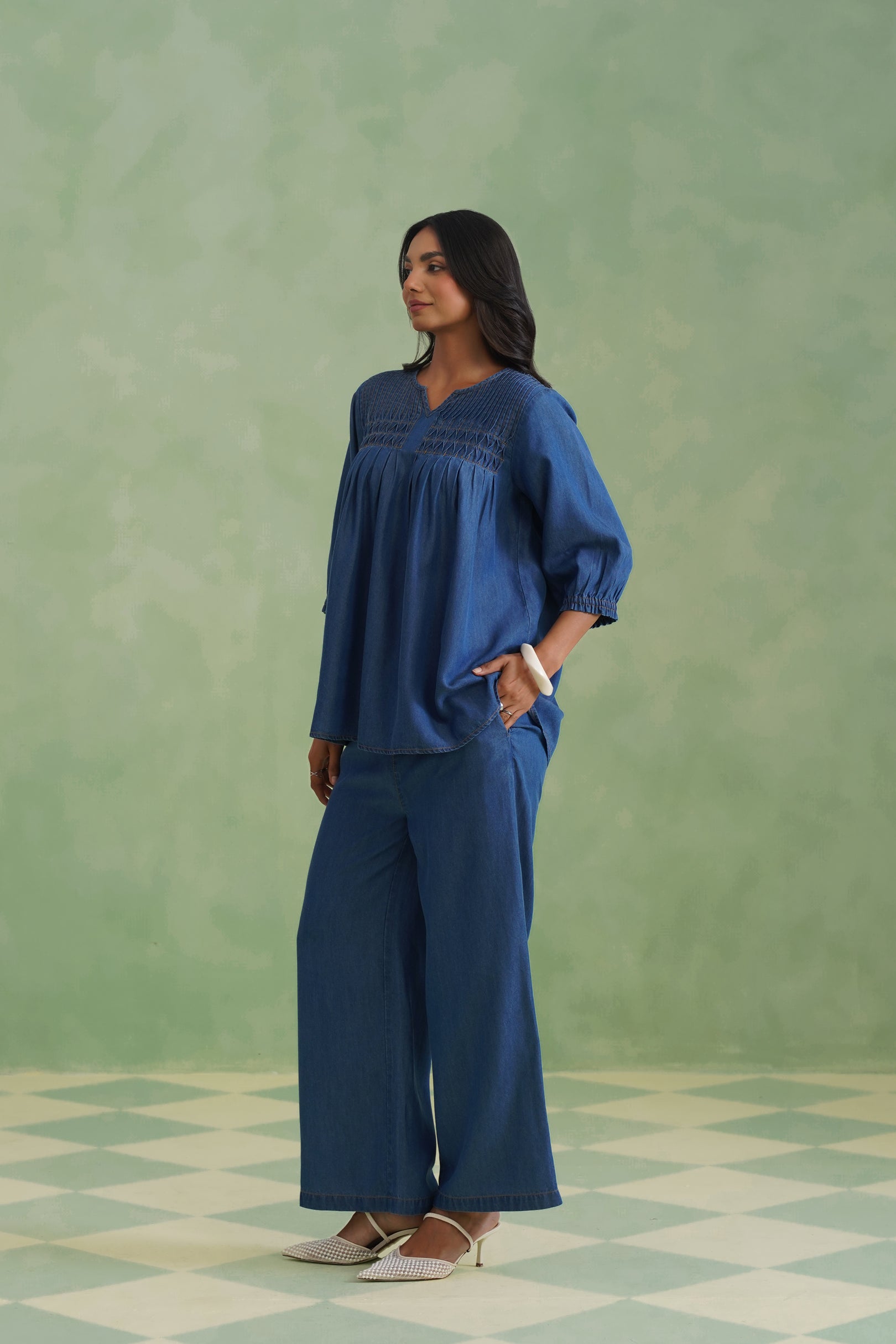 Blue Pinktucks Denim Co-ord Set Korah Stitch