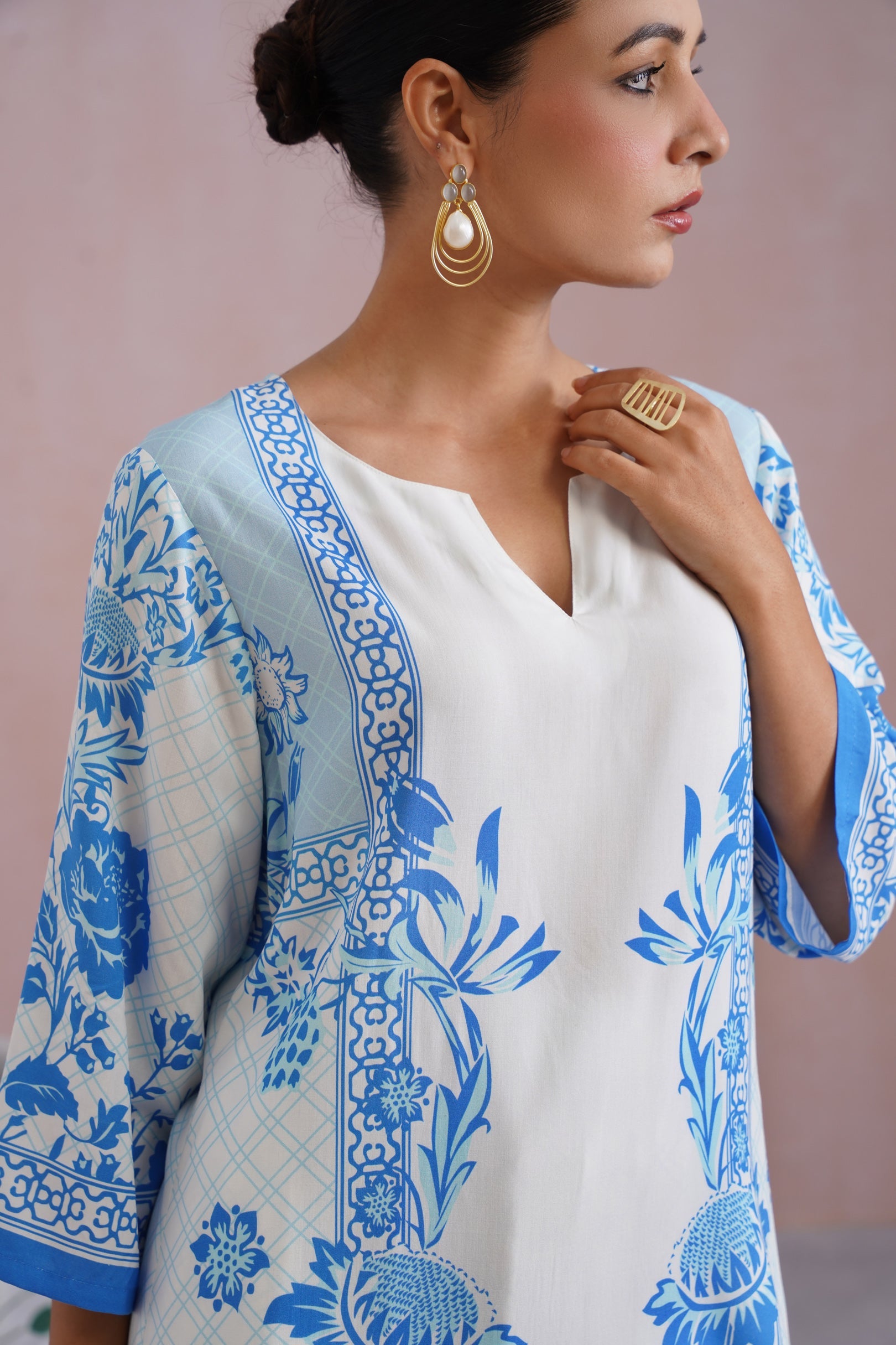 Blue & White Floral Digital Placement Printed Kurta Set Korah Stitch