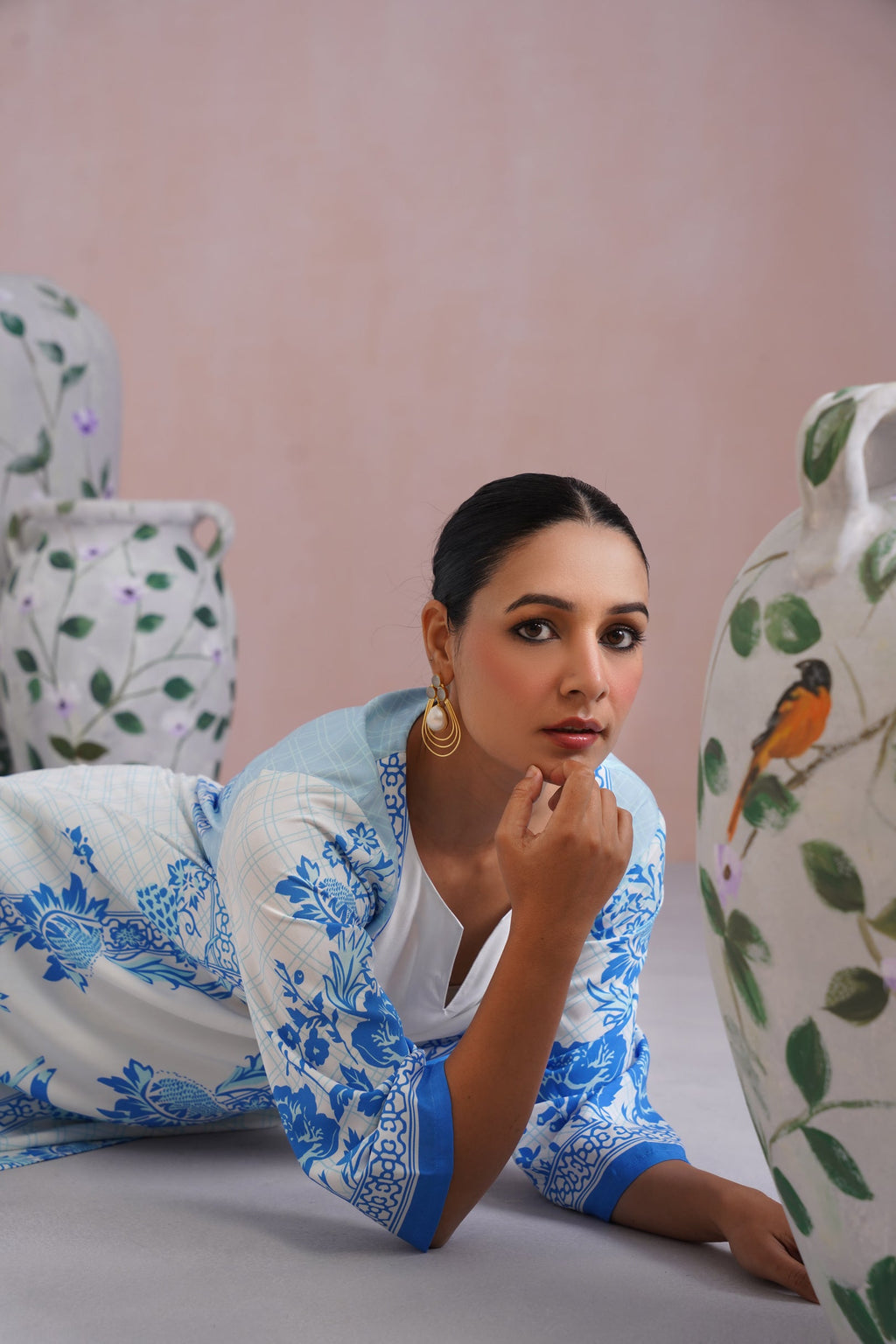 Blue & White Floral Digital Placement Printed Kurta Set Korah Stitch